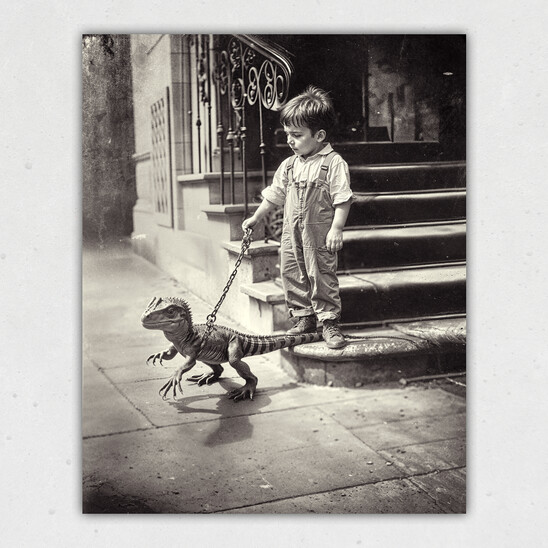 Pet Dinosaurs: Boy With Raptor Print